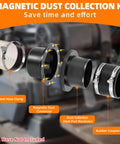 Magnetic Dust Collection Fittings displaying steel hose clamp, magnetic duct connector, and rubber coupler with hose connectors.