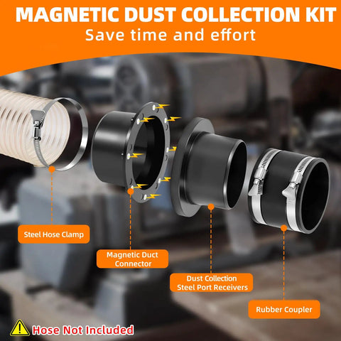 Magnetic Dust Collection Fittings displaying steel hose clamp, magnetic duct connector, and rubber coupler with hose connectors.