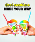 Two colorful snow cones in paper cups, electric countertop snow cone maker for summer hangouts hella awesome slushie machine.