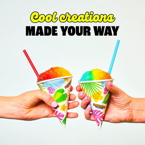 Two colorful snow cones in paper cups, electric countertop snow cone maker for summer hangouts hella awesome slushie machine.