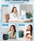 Rechargeable Mini Air Conditioner With 5200mAh Battery, Ultra Quiet Desk Cooler on desk, woman smiling while using it