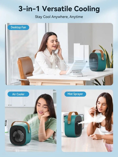 Rechargeable Mini Air Conditioner With 5200mAh Battery, Ultra Quiet Desk Cooler on desk, woman smiling while using it