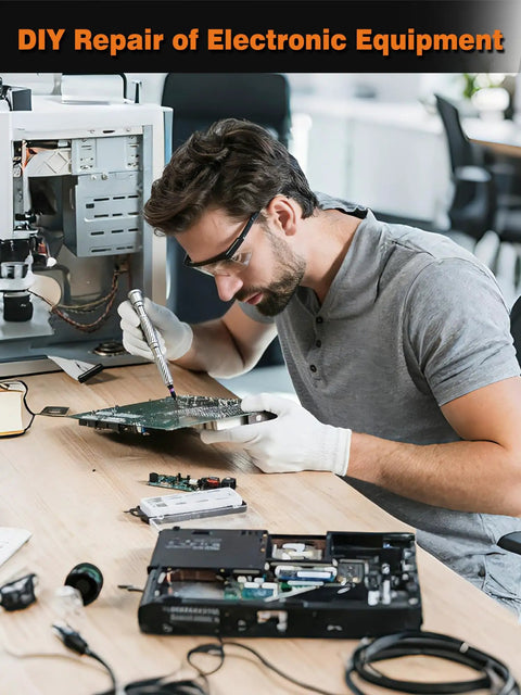 Person using 100-In-One Magnetic Ratchet Screwdriver Set With 88 Short And 6 Long S2 Steel Bits for electronics repair.