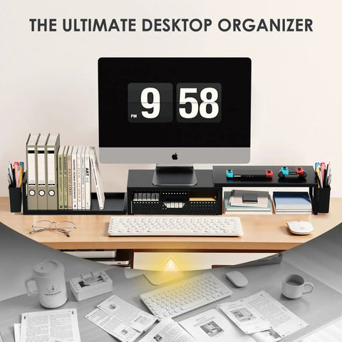 Dual Monitor Stand Riser With Drawer And Pen Holders, Metal Desk Organizer For Office Or Home Office, Keeps Your Desk Clean With Easy Access Storage, Computer Shelf And Racks, Black