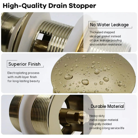 Pop Up Drain For Freestanding Bathtub In Polished Gold Finish, CUPC Certified Copper Construction, no water leakage features