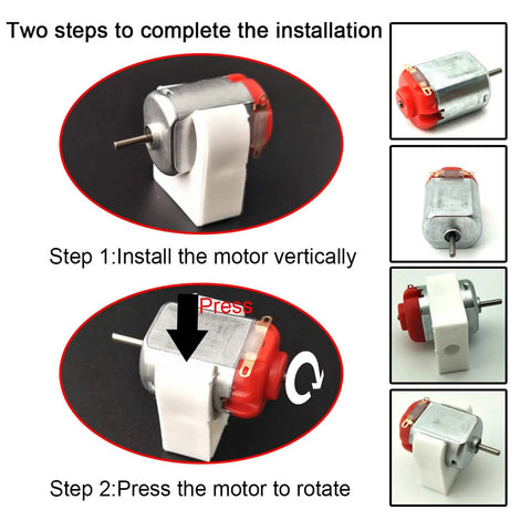 DIY Friendly Rectangular Mini Electric Motor Kit 1.5 to 3V 24000 RPM DC Motor installation steps with motor in mounting bracket.