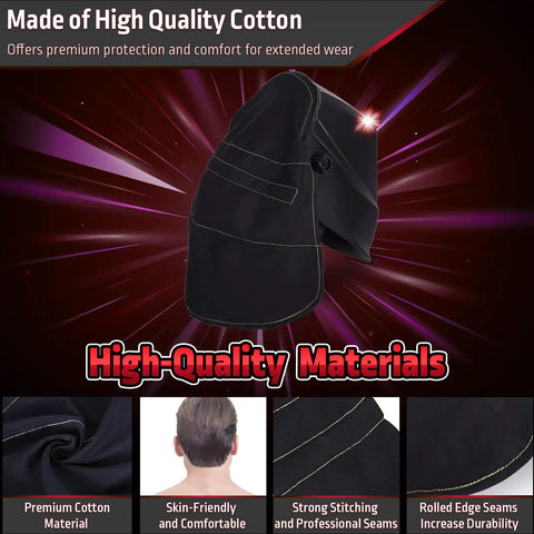 Welding Hood Cover With Extended Wraparound Neck Protector FR Cotton Rear Cover With Press Fit Seal on display
