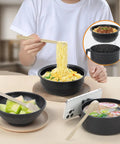 Person using Ramen Cooker Microwave Bowl for Dorms and Offices, 3 In One Noodle Bowl With Drain Feature, BPA Free Black with chopsticks