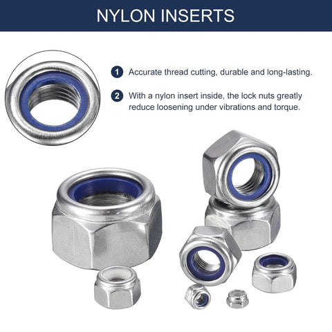 Heavy Duty M12 X 1.5 Nylon Insert Hex Lock Nuts 5 Pack 304 Stainless Steel Self Locking Fasteners with blue nylon rings and detailed view.