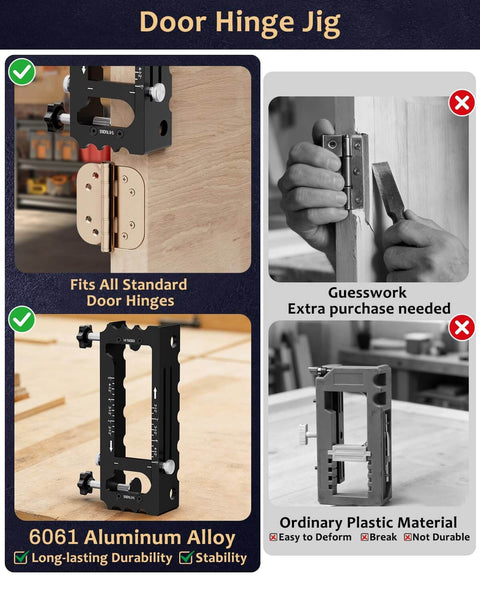 Door Hinge Jig Tool For Router Adjustable Aluminum Mortise Jig Fits Door Hinges From 2.5 To 5 Inches, black, in use.