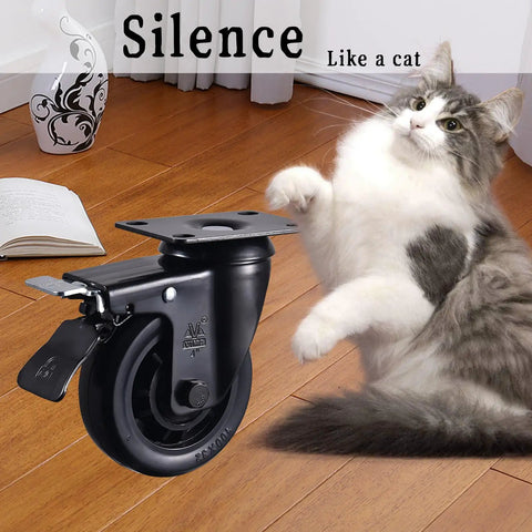 Built Legit 4 Inch Heavy Duty Caster Wheels Set Of Four With Dead Quiet Rubber Tires displayed near a playful cat on wooden floor.