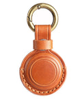 Straight Up Genuine Leather AirTag Keychain Holder Secure Metal Loop Cover Fits Apple Tracker First And Second Gen Like A Glove In Classic Brown Premium Hide Case, top view with brass keyring.