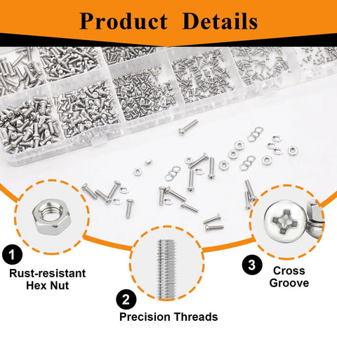 Hella Durable Top Shelf 304 Stainless Steel Metric Micro Screw And Hex Nut Assortment Tray With Flat And Spring Washers For Arduino Rc Electronics and Pro DIY Builds, showing hex nuts, precision threads, and assortment in a tray.