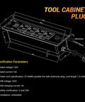 Diagram of tool cabinet plug with dimensions and specifications for 72 Inch Rolling Tool Chest Cabinet With 15 Drawers On Wheels Mobile Workbench Stainless Steel Pegboard Four Power Outlets And Two USB Ports Heavy Duty Garage Organizer For Shop Warehouse And Workshop Needs