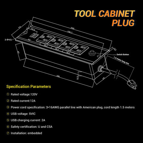 Diagram of tool cabinet plug with dimensions and specifications for 72 Inch Rolling Tool Chest Cabinet With 15 Drawers On Wheels Mobile Workbench Stainless Steel Pegboard Four Power Outlets And Two USB Ports Heavy Duty Garage Organizer For Shop Warehouse And Workshop Needs