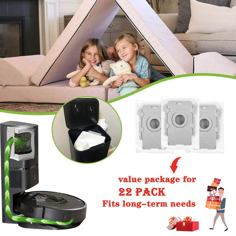 Children playing next to 22 Pack Replacement Vacuum Bags For Roomba J Series J5 J6 J7 J8 J9 S9 And I Series Clean Base with images of bags.