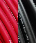 2 Gauge AWG Welding Cable Kit With 50 Ft Black And 50 Ft Red Pure Copper Battery Wire Beefy Heavy Duty Flexible Power Cable For Solar Inverter Car RV Truck Made In USA visible with red and black cables.