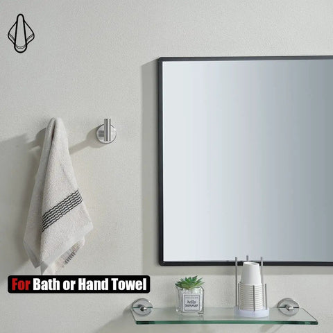Heavy Duty Stainless Steel Towel Hook Set Two Pack Wall Mounted Robe Coat Hooks in brushed finish holding towel in bathroom