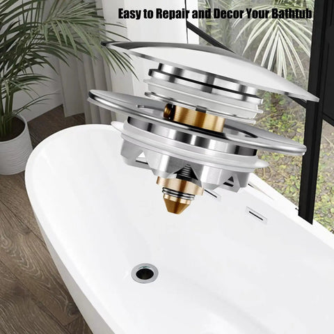Upgraded Bathtub Drain Stopper With Hair Catcher Pop Up Tub Strainer Cover above a white bathtub, chrome and brass construction.