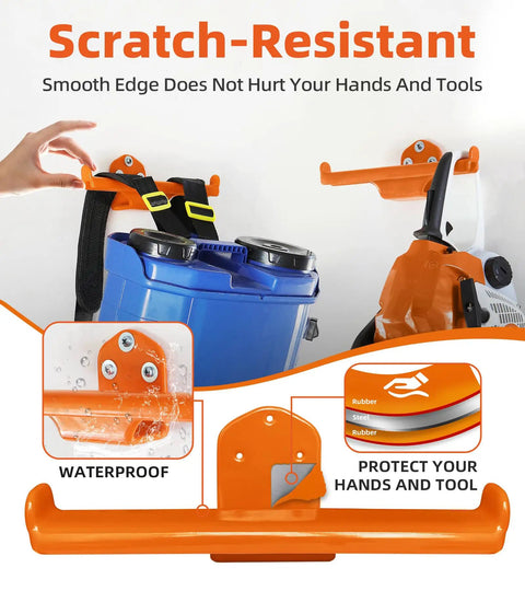Backpack Leaf Blower Hanger With Tube Hook 2 Pack Wall Mounts For Backpack Sprayers And Chainsaws, scratch-resistant orange rubber coating.