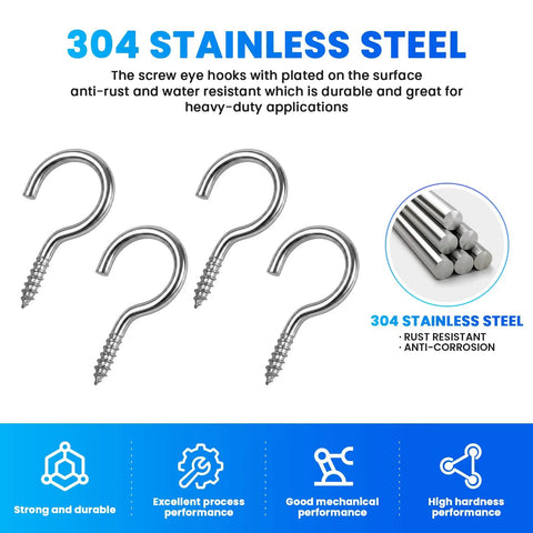 No Sweat Setup 304 Stainless Steel M2 Screw In Eye Bolts Built Tough for Hanging Plants Yoga Gear and Pendant Lights Indoors Or Outdoors, set of four.