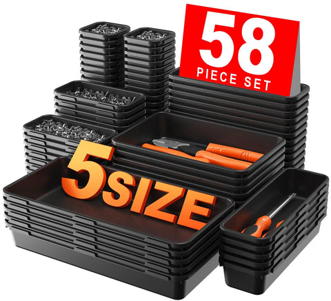 58 Pieces 5 Size Tool Box Organizer Tray Divider Set Black Desk Drawer Organizer For Garage Storage Rolling Tool Chest Cart Cabinet Workbench Small Parts Pro Grade