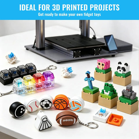 Blue 3-Pin Mechanical Keyboard Switches 200 Pack With Dustproof Housing, Clicky Tactile Feel, 50 Million Click Life, Replacement Keys For Gaming Keyboards, Ideal For 3D Printing Projects And Fidget Builds on 3D-printed fidget toys