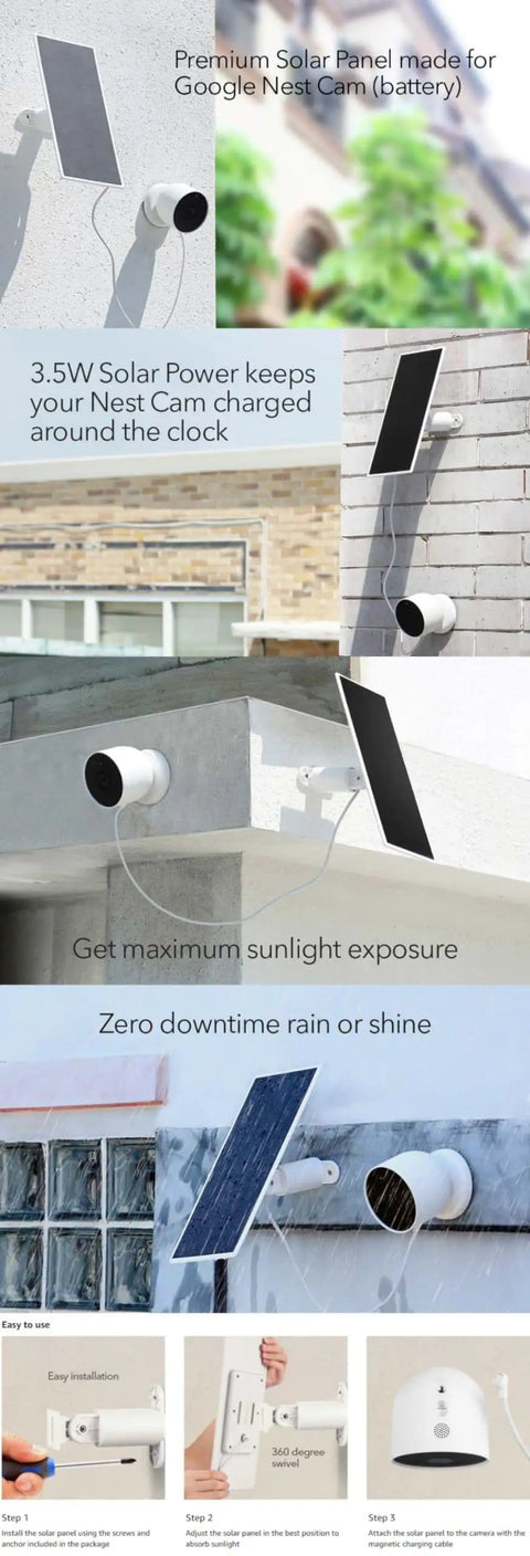 Premium Solar Panel Charger For Google Nest Cam Outdoor Or Indoor mounted on building walls with recharging setup