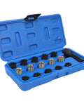 Premium Carbon Steel Thread Repair Kit For M14x1.25 And M16x1.25 Restores Damaged Bolts With Tough Tools Portable Design That Makes Fixing Stripped Threads No Big Deal For Your Garage Or Roadside Jobs. blue case with thread inserts and tap