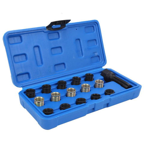Premium Carbon Steel Thread Repair Kit For M14x1.25 And M16x1.25 Restores Damaged Bolts With Tough Tools Portable Design That Makes Fixing Stripped Threads No Big Deal For Your Garage Or Roadside Jobs. blue case with thread inserts and tap