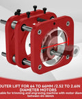 Heavy Duty Router Lift With Reinforced Top Plate Aluminum Alloy And Steel Manual Raise System Slick Height Adjustments For Table Insert Woodshop Builds Black close-up of red router lift for 64 to 66mm motors.