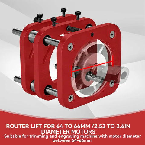 Heavy Duty Router Lift With Reinforced Top Plate Aluminum Alloy And Steel Manual Raise System Slick Height Adjustments For Table Insert Woodshop Builds Black close-up of red router lift for 64 to 66mm motors.