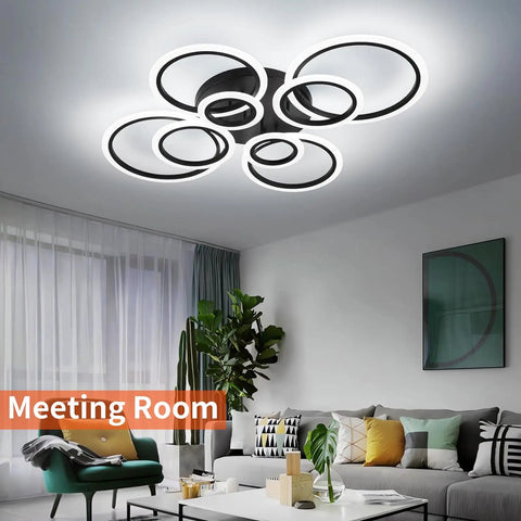 41.3 Inch Dimmable LED Ceiling Light With Remote Control in a modern meeting room, black flush mount ring fixture, 108W