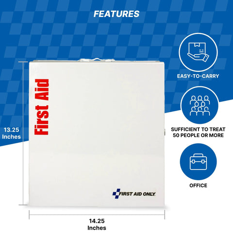 White metal first aid cabinet with vertical red First Aid text on the left and First Aid Only logo