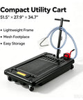 Heavy Duty 17 Gallon Low Profile Oil Drain Pan With Hand Pump Hose For Auto Shop Garage Fluid Collection Tank on a compact utility cart.