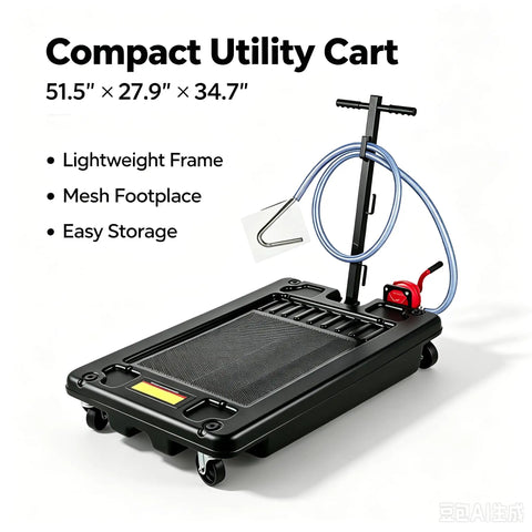 Heavy Duty 17 Gallon Low Profile Oil Drain Pan With Hand Pump Hose For Auto Shop Garage Fluid Collection Tank on a compact utility cart.