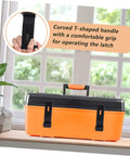 Tough Flexible Rubber Draw Latch Lock For Cabinet And Cargo on an orange toolbox with a curved handle grip.