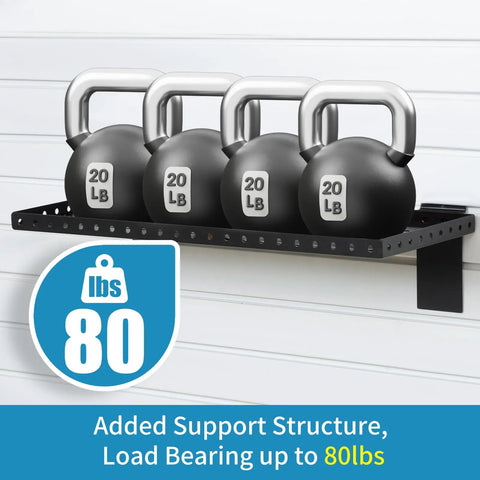 Heavy Duty Slatwall Shelf 24 Inch For Retail, Garage, And Home Storage, Slat Wall Hanging Shelf With Strong Support Frame, Black, 2 Pack, holding 20 lb kettlebells