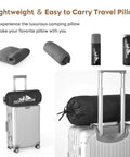 Dope Shredded Memory Foam Travel Pillow For Camping And Backpacking on a suitcase, showing compressible bag and pillow detail.