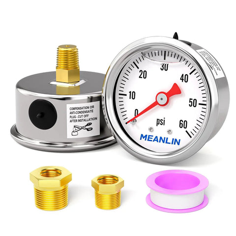 Stainless Steel Liquid Filled Pressure Gauge 0 to 60 Psi 1.5 Inch Dial 1 8 NPT Back Mount with bushings and sealing tape