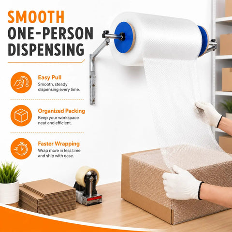 Heavy Duty Wall Mount Bubble Wrap Dispenser Rock Solid Galvanized Steel Bubble Cushioning Roll Holder mounted with dispensing bubble wrap.