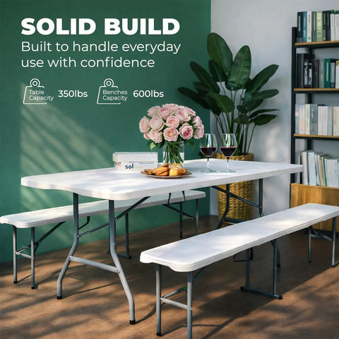 6 Foot Folding Table And Two Benches Outdoor Indoor Picnic Set Built Tough Durable Plastic With Space Saving Design For Quick Party Ready Storage And Transport Seats 6 To 8 People displayed in living room