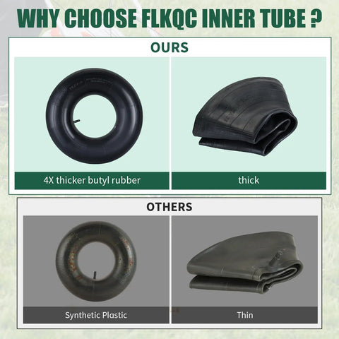 Comparison of Two Pack 20X8.00/10.00-8 Inner Tubes With TR-13 Valve Stem, highlighting thicker butyl rubber quality.
