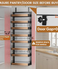 Image of Eight Tier Over The Door Pantry Organizer With Adjustable Wire Baskets And Heavy Duty Support Rails for kitchens, showing size measurements.