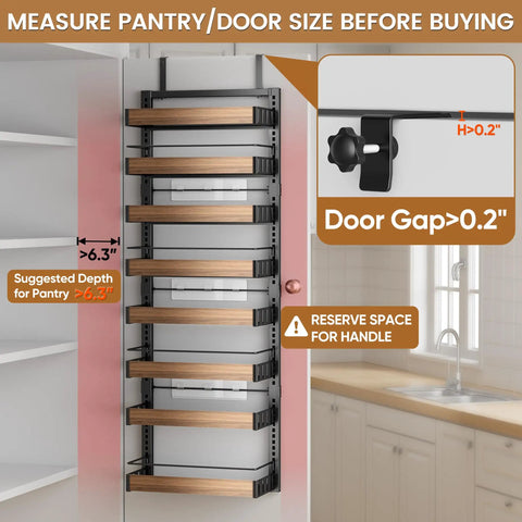 Image of Eight Tier Over The Door Pantry Organizer With Adjustable Wire Baskets And Heavy Duty Support Rails for kitchens, showing size measurements.