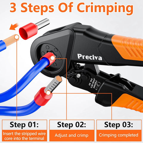 Close-up of Ferrule Crimping Tool Kit With 1500 Wire Connectors, Adjustable Ratcheting Hex Crimpers for AWG 28 to 5, steps shown