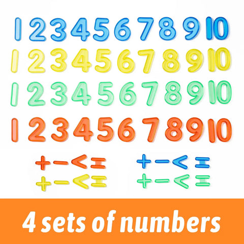 48 Pieces Plastic Numbers And Symbols Early Math Set For Light Table Manipulatives in bright colors, numbers 1 to 10 and symbols shown
