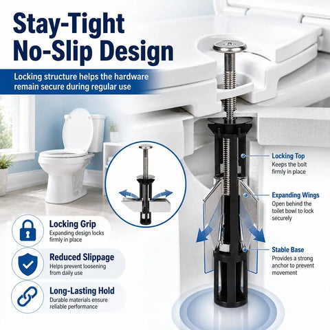 Top Shelf Heavy Duty Toilet Seat Bolt Kit Featuring Rust Resistant Stainless Steel Screws For Universal Bathroom Fixture Repair And A Rock Solid Mount That Keeps Things Tight And Secure, showcasing no-slip design and locking mechanism.