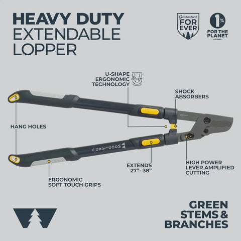 Heavy Duty Extendable Lopper With 25 To 37 Inch Telescoping Handles, lever action bypass blade, manual tree limb cutter