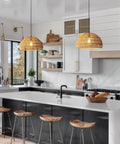 Boho Rattan Pendant Lamp With Hand Woven Wicker Rope Shade Dome Ceiling Basket Chandelier LED Industrial Hanging Light For A Cozy Farmhouse Kitchen Living Room Or Bar E26 Base 16x9.25 Inch lighting a modern kitchen.